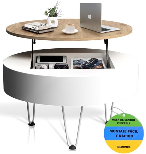 Blusia table basse relevable - Salon - Plateau extensible - Blanc et bois moderne