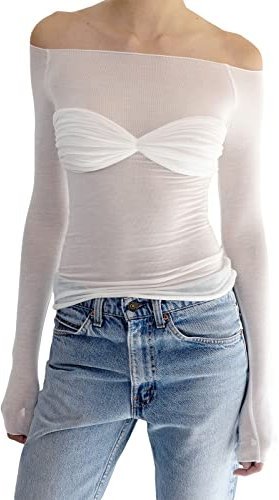 Women Off Shoulder Ruched Sheer Mesh Sexy Tshirt Top Long Sleeve Pleated See Through Solid Slim Shirt Blouse Tops (White, M)