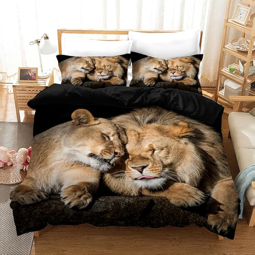 KXHHYB Ropa de Cama 3D de león de 135 x 200 cm, Color Negro, diseño de Animales, Cremallera Oculta, Reversible, Funda nórdica Moderna y Funda de Almohada de león marrón (Estilo, 1, 135 x 200 cm)
