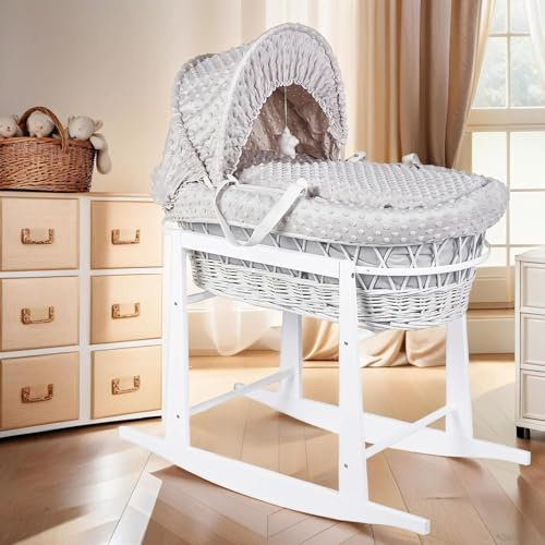 BABYMAM Moses Basket Wicker White Rocking Stand Baby Padded Dimple Grey Bedding Full Set with Mattress
