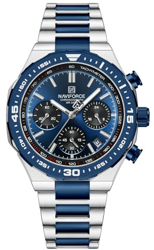 NAVIFORCE Reloj cronógrafo deportivo con energía solar para hombre, militar, táctico, 12/24 horas, manecillas luminosas, correa de acero inoxidable, resistente al agua 3 ATM