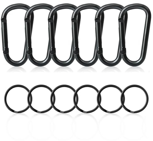 GOTFUN 6 Stück Karabinerhaken Aluminium 80mm D Form Karabiner Schwarz Set, Belastbarkeit Karabinerhaken Klein mit Schlüsselanhänger, Materialkarabiner für Hängematten Camping Rucksackreisen Angeln