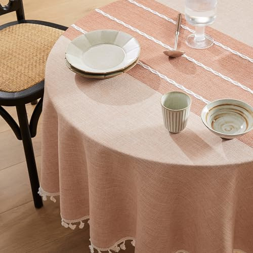 ZeeMart Contrast Linen Round Tablecloth 60 Inch Orange, Farmhouse Style Round Table Cloth Heavy Weight Burnt Orange Fall Tablecloths, Water Resistant Burlap Table Cloths