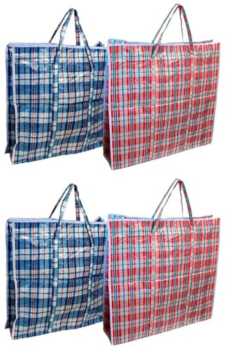 Tradineur - Pack de 4 bolsas plásticas de rafia, incluyen cremallera y asas, reutilizables, mudanzas, almacenamiento de ropa, mantas, 65 x 60 x 20 cm, color aleatorio