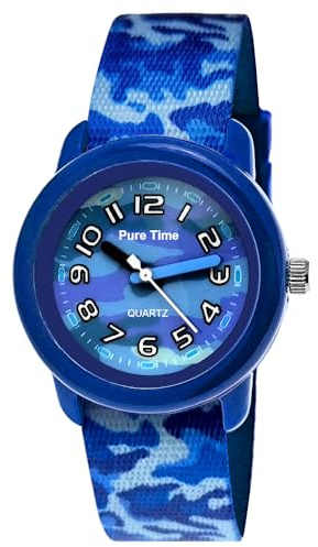Pure Time® Kinder Uhr Jungenuhr Mädchenuhr Camouflage Tarn Armbanduhr Textil Armband Analoge Junge Kinderuhr Textilarmband Schwarz Grün Grau Lern-Uhr (Camouflage.)