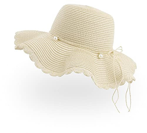 Jesustree Strohhut Damen Frauen Faltbarer Sonnenhut, Sommer Atmungsaktiv Floppy-Strandhut mit Breiter Krempe und schöner Perlen, UV Schutz UPF 50 für Wandern Reise Urlaub (Beige)