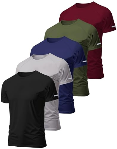 Hioutdoor Set di 3 o 5 magliette sportive funzionali da uomo, a maniche corte, traspirante, ad asciugatura rapida, per la corsa, l'allenamento,, Nero/Grigio/Blu scuro/Verde Militare/Rosso Scuro, L