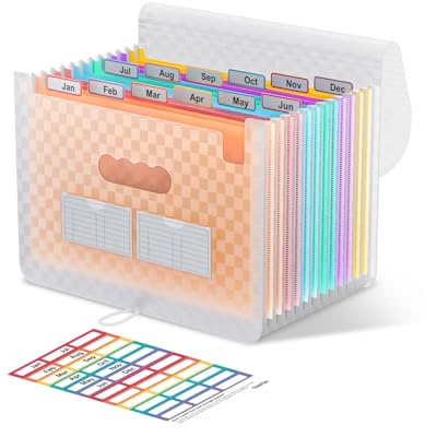ThinkTex A4 dragspelsmapp sorterare mapp, 12 fickor expanderbar filorganisatör, bärbar dokumentsorterare, för kontor, skola, familj - orange