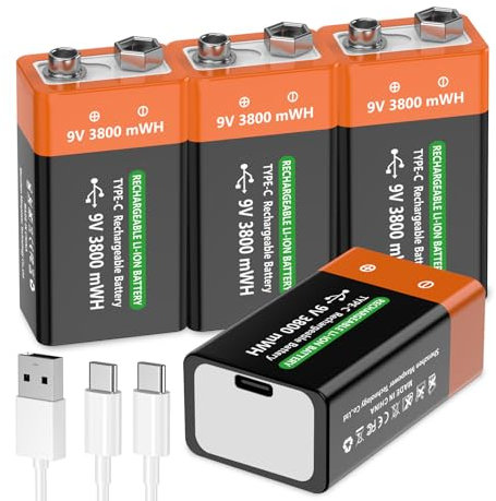 USB Rechargeable 9V Lithium Batteries, MIGAFEI 3800 mWh High Capacity Rechargeable 9 Volt Square Batteries with 2-in-1 charging cable, battery smoke alarm, fire alarm, siren and more (4 Pack)