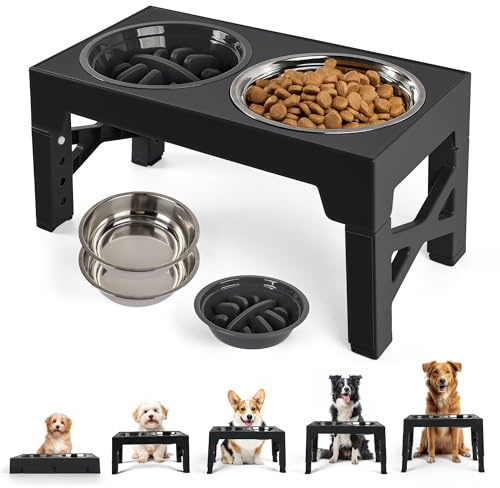 PAWISE Raised Dog Bowl 5 Heights Adjustable, Elevated Dog Bowls with 2x1200ML Stainless Steel Dishes &1 Slow Feeder Bowl, Dog Feeding Station for Small Medium & Large Dogs, Non-Slip and No Spill