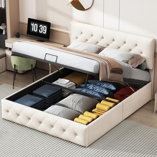 Générique Lit Coffre 160x200 avec Tête de Lit Réglable, Rembourré avec Rangement, Double avec Hydraulique, 2 Personnes pour Adultes, Adolescents, Velours, Beige