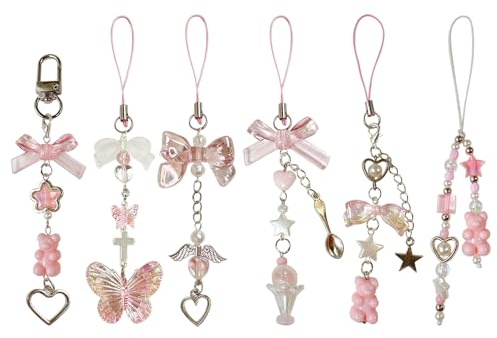DAVBNM 6PCS Pink Phone Charms, Pink Butterfly Bear Phone Charm Strap Y2K Accessories for Keychain Airpods Bag Pendants, Perfect Gifts for Women Girls