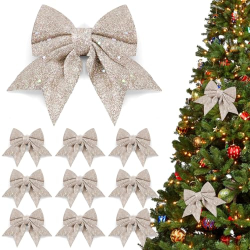10PCS Christmas Bows Decorations, Champagne Gold Bows for Tree, Xmas Tree Decorations Bows Sequin Glitter Bow Ties for Christmas Tree Wreath Garland Decor, Wedding Party Gift Packaging 6.3in