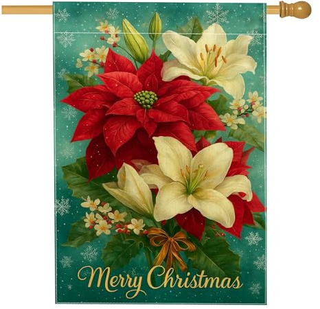 Drapeau floral de Noël, poinsettia rouge et lys blanc, bannière de décoration extérieure, drapeau double face en toile de jute pour décoration de pelouse de vacances, 71 x 101,6 cm