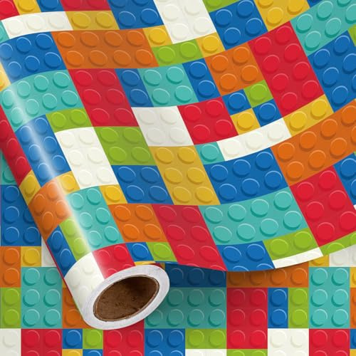 RUSPEPA Födelsedag omslagspapper rulle, minirulle byggsten design presentinslagning för barn pojkar födelsedag, speltemafest, 43,2 cm x 5 m