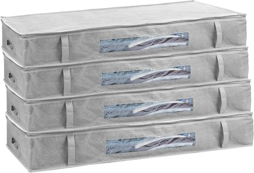 SUSTANIA Unterbettkommode 4er Set Unterbett Aufbewahrungsbox je 100L 100x50x15cm Stoff Grau Sichtfenster Tragegriffe Reißverschluss Faltbar Stapelbar für Decken Kissen Kleidung