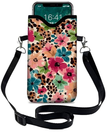 otilil Neoprene Cell Phone Sleeve Pouch Case Bag with Crossbody Strap/Neck Lanyard for Women 7.1 X 3.9 in Floral Pattern
