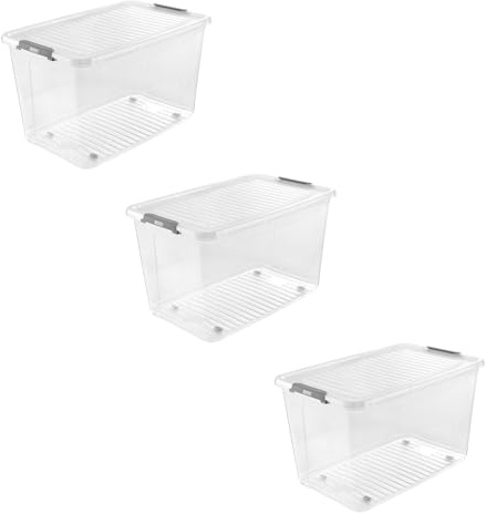 keeeper leo 3x Aufbewahrungsbox mit Deckel und Rollen, 56 L, 59 x 38 x 35,5 cm, Clipbox, Transparent
