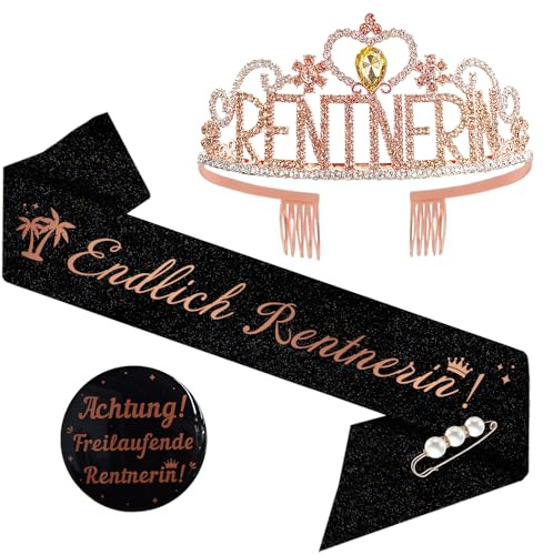 3 Stück Rente Deko Tiara, Rentner Geschenk Frau Krone Schärpe Set | Renteneintritt Geschenk Frau Deko, Endlich Rentnerin Ruhestand Deko für Frauen Abschiedsgeschenk Kollegin Rentnerin Party