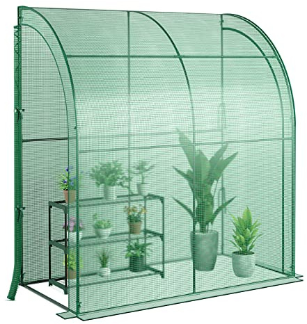 FANTASK Gewächshaus mit 3-stöckigem Blumenregal, Foliengewächshaus mit PE Gitterfolie & 2 aufrollbaren Türen, Treibhaus, Tomatenhaus für Topfpflanzen, 200x100x215cm (Grün)