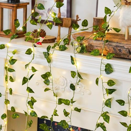 ALEGRE® Guirlande lumineuse de lierre - Décoration de printemps - 2 m - 20 LED - Guirlande de lierre artificielle - Pour mariage, jardin, balcon, chambre à coucher - Décoration murale