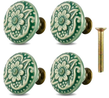 LQMK Vintage Cabinet Knobs 4 PCS – Green Flower Embossed Ceramic Drawer Handles – Furniture Door Knobs with Mounting Screws for Cupboards Drawers and Closets