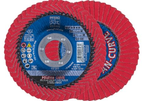 PFERD POLIFAN® - Disco lamellare curvo, tipo radiale, 11,5 x 2,2 cm, grana 60, in ossido di ceramica, accessorio per saldatura e smerigliatrice angolare, per smerigliatura di acciaio e acciaio