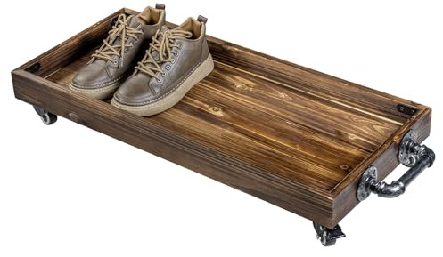 MyGift 30-Inch Rustic Wood Rolling Boot Tray with Metal Pipe Handles