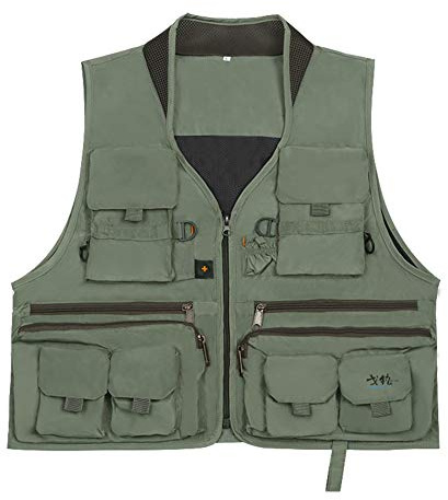 Rizanee Sportsman Outdoor Multi-Pocketed Fly Fishing Vest Mesh Quick-Dry Waistcoat Jacket for Youth (Pea Green, Tag 2XL)
