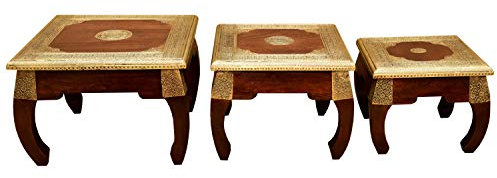Casa Moro Orientalische Opium-Tische im 3er Set aus Sheesham-Holz mit Messingintarsien | Massiv-Holz Beistelltische | Kunsthandwek aus dem Orient | orientalische Möbel | MA34-100