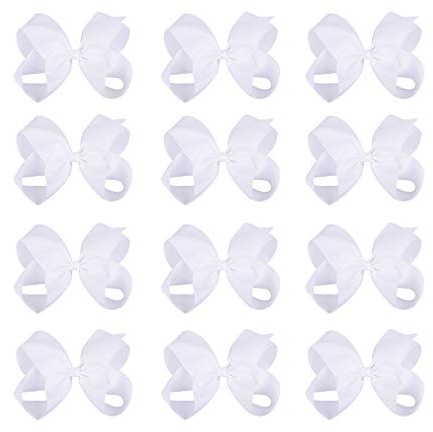 DEEKA 12 PCS 6 Big Hand-made Grosgrain Ribbon Hair Bow Alligator Clips Hair Accessories for Little Teen Toddler Girls - White