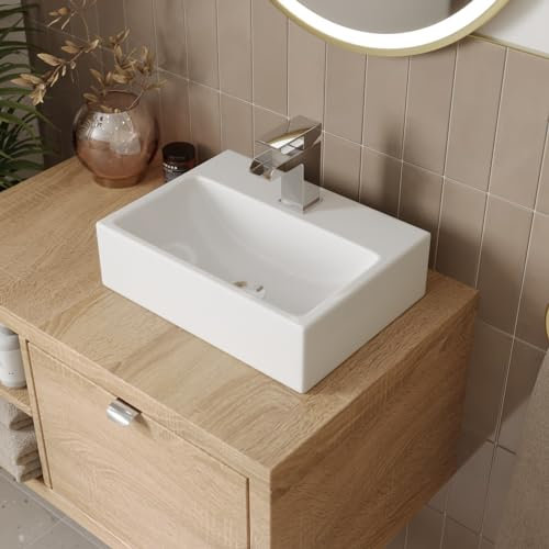 Affine® 400 x 300mm Bathroom Countertop Vanity Wash Basin Ceramic Sink, Rectangular 1 Single Tap Hole, White Vessel Cloakroom Sinks