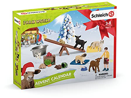 schleich FARM WORLD 98271 Adventskalender Kinder - Bauernhof Tierfiguren und Kind - Echte Tiere Ziege, Katze, Hund, Kalb, Kätzchen, Meerschweinchen, Landwirt und Zubehör - ab 5 Jahren