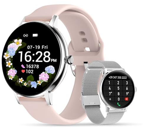 LUNIQUESHOP Montre Connectée Femme Repondre Appel 1.7'' Smartwatch Tensiometre Sommeil Fréquence Cardiaque SpO2 Podometre Assistant Vocal Suivi Poids 2 Bracelets Cadeau LSCALL iOS Android Strava