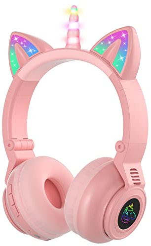 JYPS Einhorn Bluetooth-Kopfhörer, kabellose/kabelgebundene Kinder kopfhörer Mädchen mit LED-licht, Kopfhörer Kinder über Ohr mit Mikrofon und SD-Kartensteckplatz, für iPad/Kindle/Tablet (Rosa)