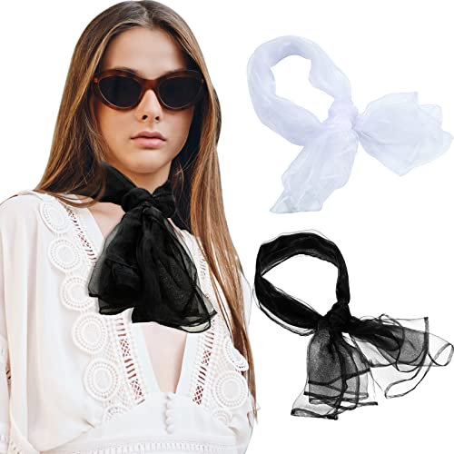 Geyoga 2 Stück Quadrat Chiffon Retro Schal Leichtes Halstuch Seiden Chiffon Halstuch für Mädchen Frauen 50er Jahre Halstuch Kopftuch (Schwarz, Weiß)