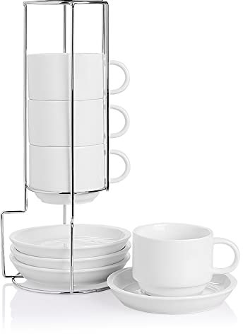 Sweejar Porcelain Cappuccino Cups with Saucers and Metal Stand, 8 Ounce Stackable Espresso Cups for Specialty Coffee Drinks, Latte, Americano, Tea - Set of 4 (White)