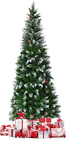 DREAMADE Künstlicher Weihnachtsbaum, Bleistifbaum mit Schnee, Christbaum mit 630 Spitzen&29 Kiefernzapfen, Tannenbaum mit Metallständer, ideal für Zuhause Geschäfte Einkaufszentren, grün (220cm)