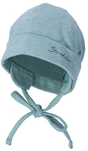 Sterntaler OCS Beanie mit Umschlag – Mütze aus Melange-Singlejersey (Bio) mit Ohrenklappen, Bindeband & Stickmotiv – Unisex Baby Übergangsmütze – steingrün, Gr. 43