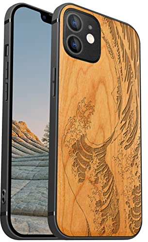 Carveit Coque magnétique pour iPhone 12 [Élégant Cerise] [Pare-Chocs en TPU Souple] Coque de téléphone Antichoc Compatible avec 12 Magsafe Coque Bois (Grande Vague Kanagawa)