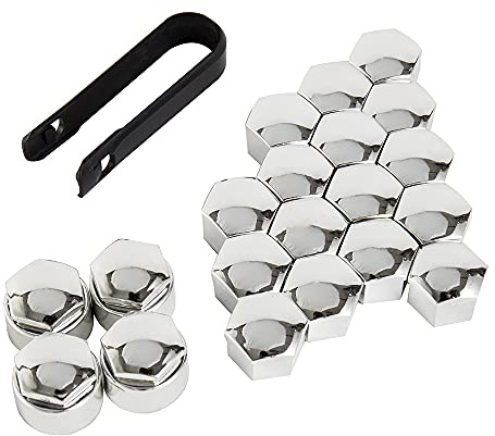 Caffney 20 pcs Wheel Nut Cap 17mm Chrome Wheel Bolt Nut Caps Covers Universal Tyre Nut Covers including 16 Standard Sizes 4 Locking Sizes with Removal Tool Set for Cars Vehicle