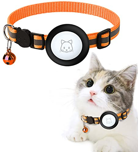 Orange Airtag Katzenhalsband,mit AirTag-Halter aus Silikon,Verstellbares Reflektierendes Halsband für die Nacht kompatibel mit Apple Airtag für Katze