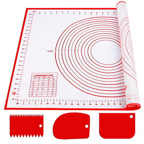 Silikon Backmatte Backunterlage 60 x 40 cm Antihaft Teigmatte Ausrollmatte mit Messung Wiederverwendbar Backen Zubehör mit 3 Stück Teigschaber für Teig, Fondant, Macarons, Kekse, Pizza 1