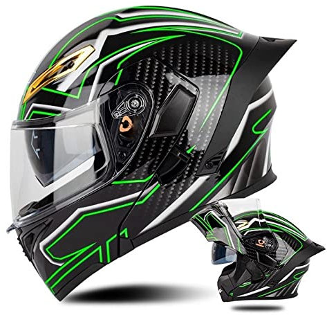 RUYICZB Motorradhelm Mit Heck DOT/ECE-Zugelassene Klapphelme Mit Doppeltem Antibeschlag-Visier, Integralhelm Für Erwachsene, Männer Und Frauen,Grün,M