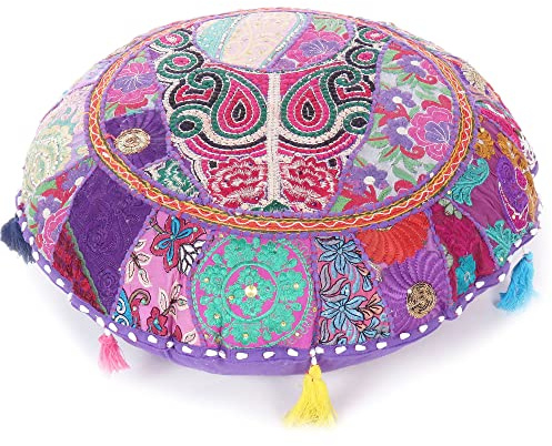 Mam Treasures - Funda de almohada redonda y colorida para el piso, para meditación, cojín de meditación, con acento bohemio, funda hecha a mano de la India (22 pulgadas (56 cm) de diámetro, púrpura)
