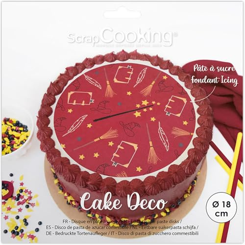 ScrapCooking - Disque de Pâte à Sucre Sorcier Ø 18cm - Décoration Gâteau Comestible - Imprimé Sorcellerie, Baguette Magique, Chapeau Magique - Déco Anniversaire Halloween - Bordeaux, Jaune - 7333