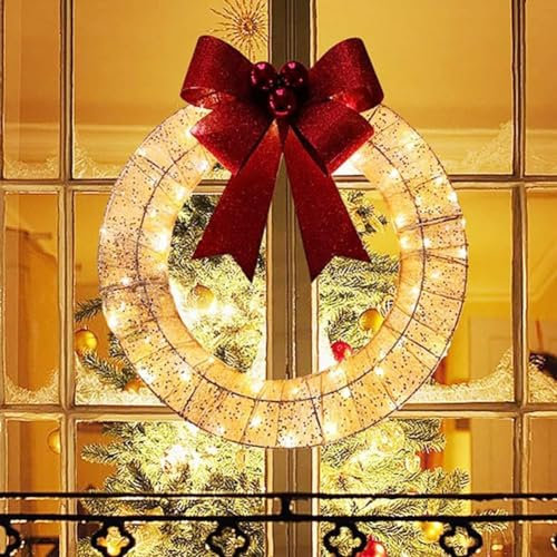 Metall Weihnachtskranz LED, Weihnachtsgirlande mit Licht, Adventskranz Weihnachtsbeleuchtung 50 cm, Weihnachtskranz Türkranz mit Krawatte, Weihnachtsdeko Weihnachten Deko (Gold)