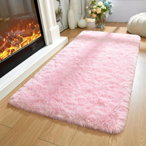 AMEHA Alfombras para sala de estar, alfombra pequeña mullida para dormitorio antideslizante, moderna, súper suave y de pelo grueso, alfombra de felpa que no se desprende, fácil de limpiar (rosa, 50 cm