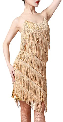 IBTOM CASTLE 1920 Pailletten Abendkleider Damen Tanzkleid Fransen Tanzkleid Kleid Quaste Tanzkleid Glitzer Party Kleid V-Ausschnitt Flapper Kostüm Cocktail Gold M