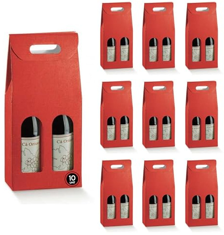 10 x rote Pappschachtel mit Fenster und Trennwand für 2 Weinflaschen, 18 x 9 x 38,5 cm – Verpackung für Weinflaschen, für Geschenke zu Weihnachten, Ostern, Geburtstag, für Weinkeller